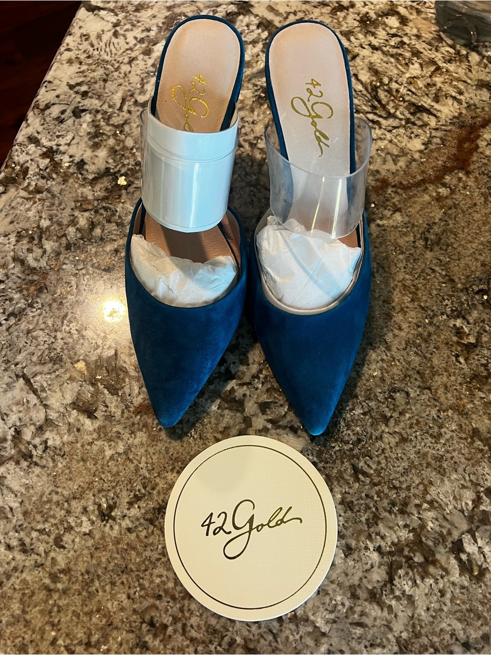 42 Gold Ronnie Blue Heels – Size 7.5 / EU 38 – NIB - Suede Elegance
